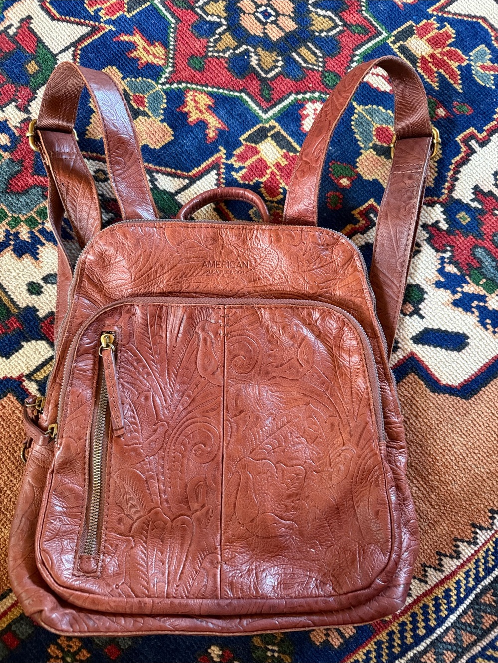 Embossed Brown Leather Backpack - American Vintage Style